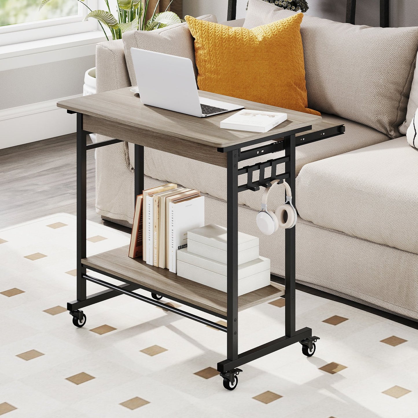 Rolling Laptop Table with Pull-out Keyboard Tray and Hooks-Grey, Gray Laptop Tables & Printer Stands at Gallery Canada