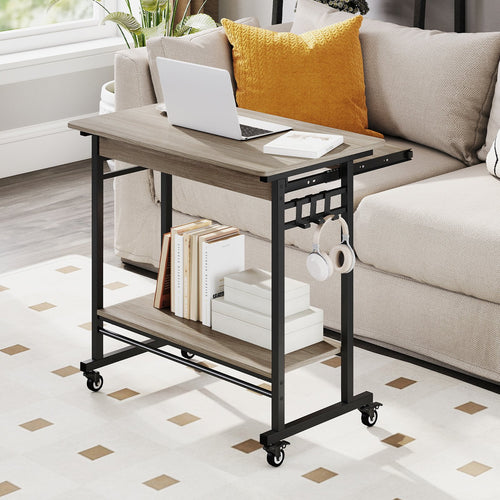 Rolling Laptop Table with Pull-out Keyboard Tray and Hooks-Grey, Gray