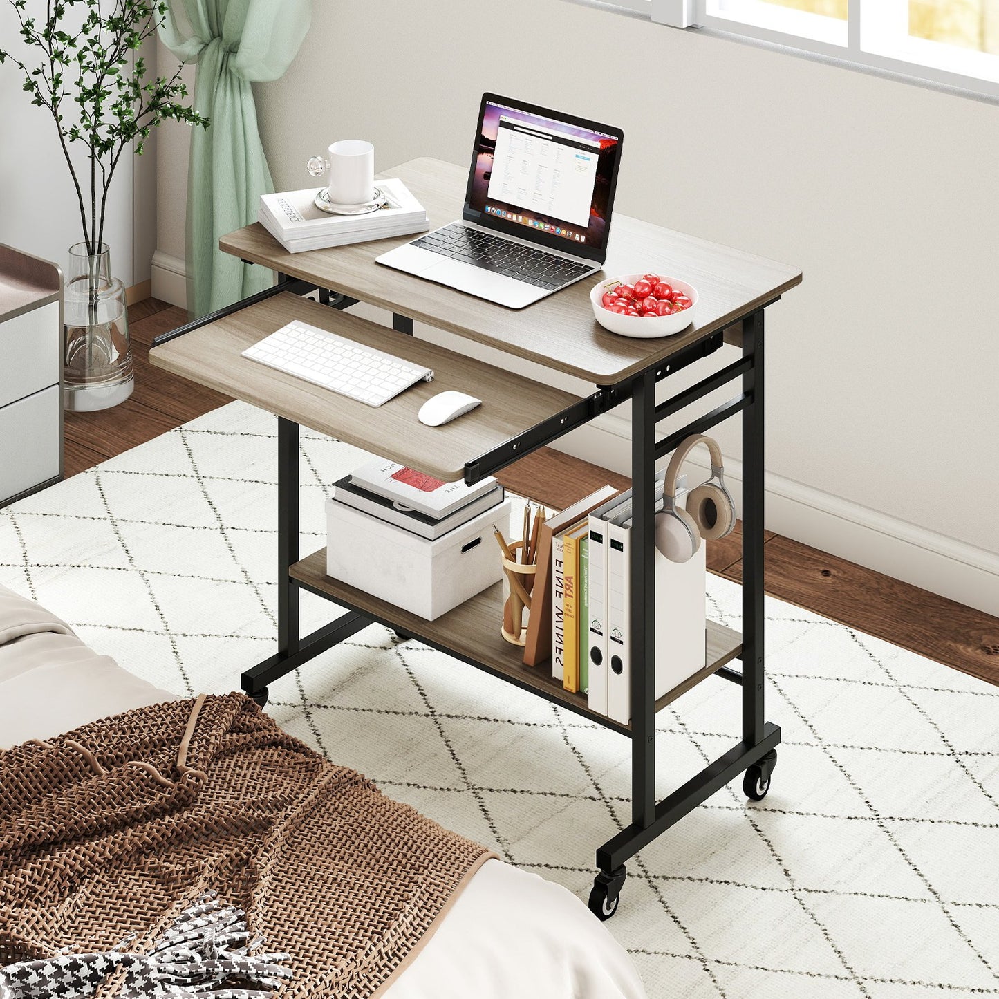 Rolling Laptop Table with Pull-out Keyboard Tray and Hooks-Grey, Gray Laptop Tables & Printer Stands at Gallery Canada