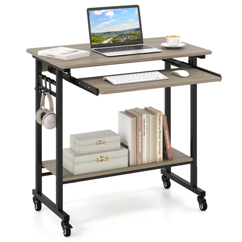 Rolling Laptop Table With Pull-Out Keyboard Tray, Hooks, Gray