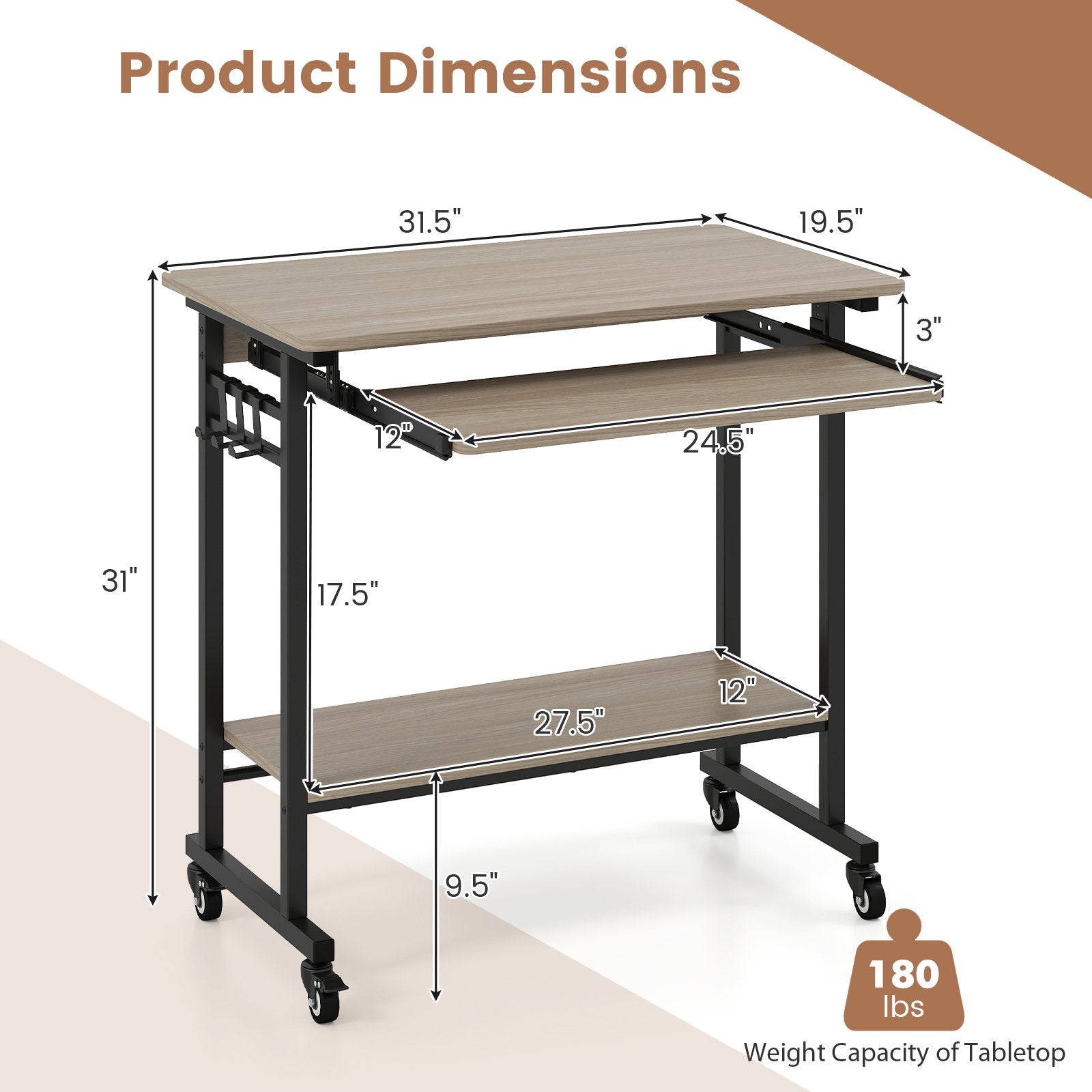 Rolling Laptop Table with Pull-out Keyboard Tray and Hooks-Grey, Gray Laptop Tables & Printer Stands at Gallery Canada