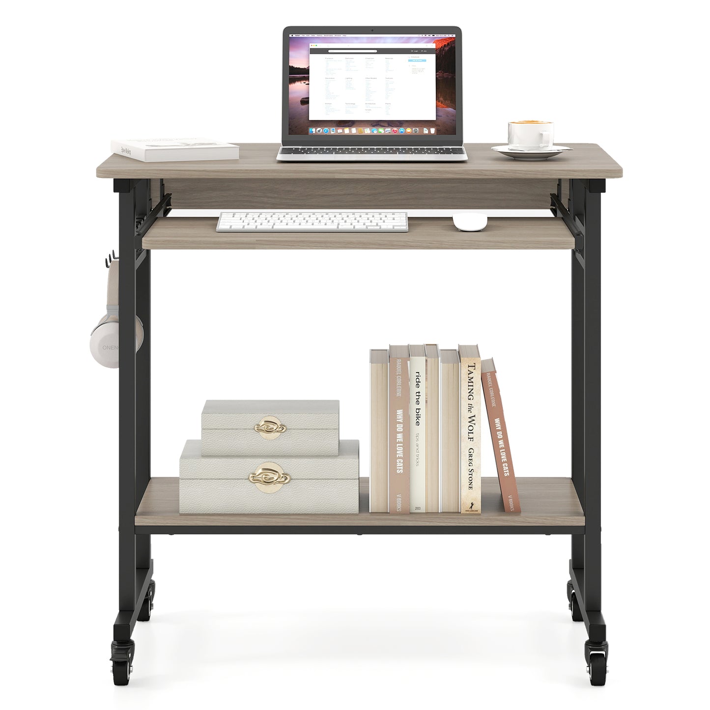 Rolling Laptop Table with Pull-out Keyboard Tray and Hooks-Grey, Gray Laptop Tables & Printer Stands at Gallery Canada