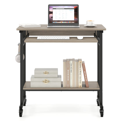 Rolling Laptop Table with Pull-out Keyboard Tray and Hooks-Grey, Gray Laptop Tables & Printer Stands at Gallery Canada