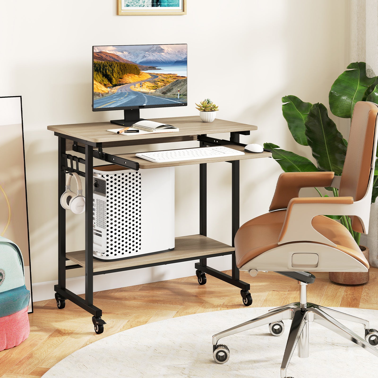 Rolling Laptop Table with Pull-out Keyboard Tray and Hooks-Grey, Gray Laptop Tables & Printer Stands at Gallery Canada