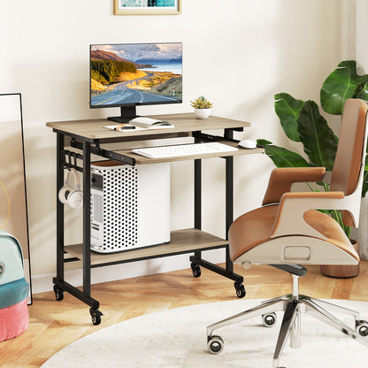 Rolling Laptop Table with Pull-out Keyboard Tray and Hooks-Grey, Gray Laptop Tables & Printer Stands at Gallery Canada