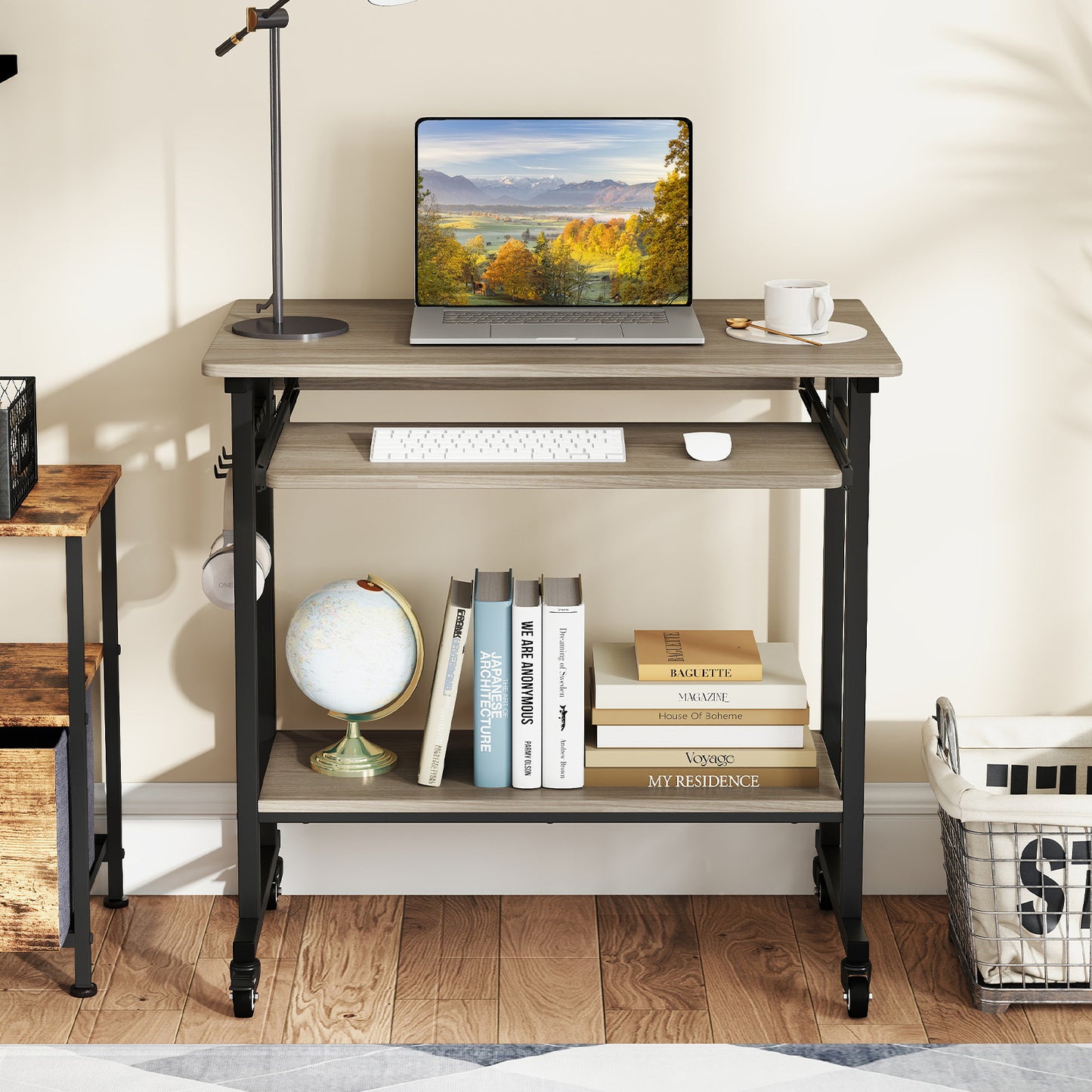 Rolling Laptop Table with Pull-out Keyboard Tray and Hooks-Grey, Gray Laptop Tables & Printer Stands at Gallery Canada