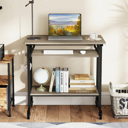Rolling Laptop Table with Pull-out Keyboard Tray and Hooks-Grey, Gray Laptop Tables & Printer Stands at Gallery Canada