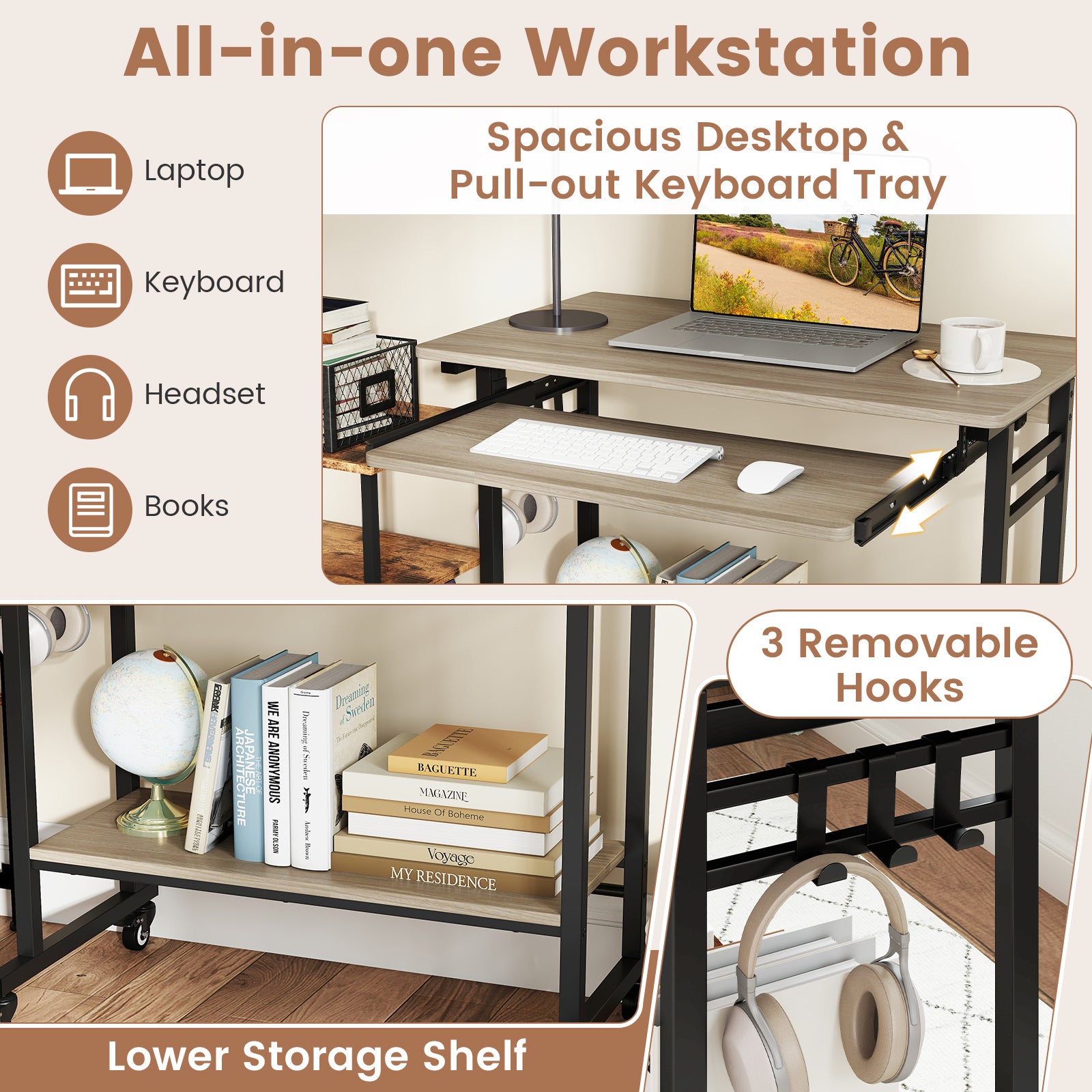 Rolling Laptop Table with Pull-out Keyboard Tray and Hooks-Grey, Gray Laptop Tables & Printer Stands at Gallery Canada