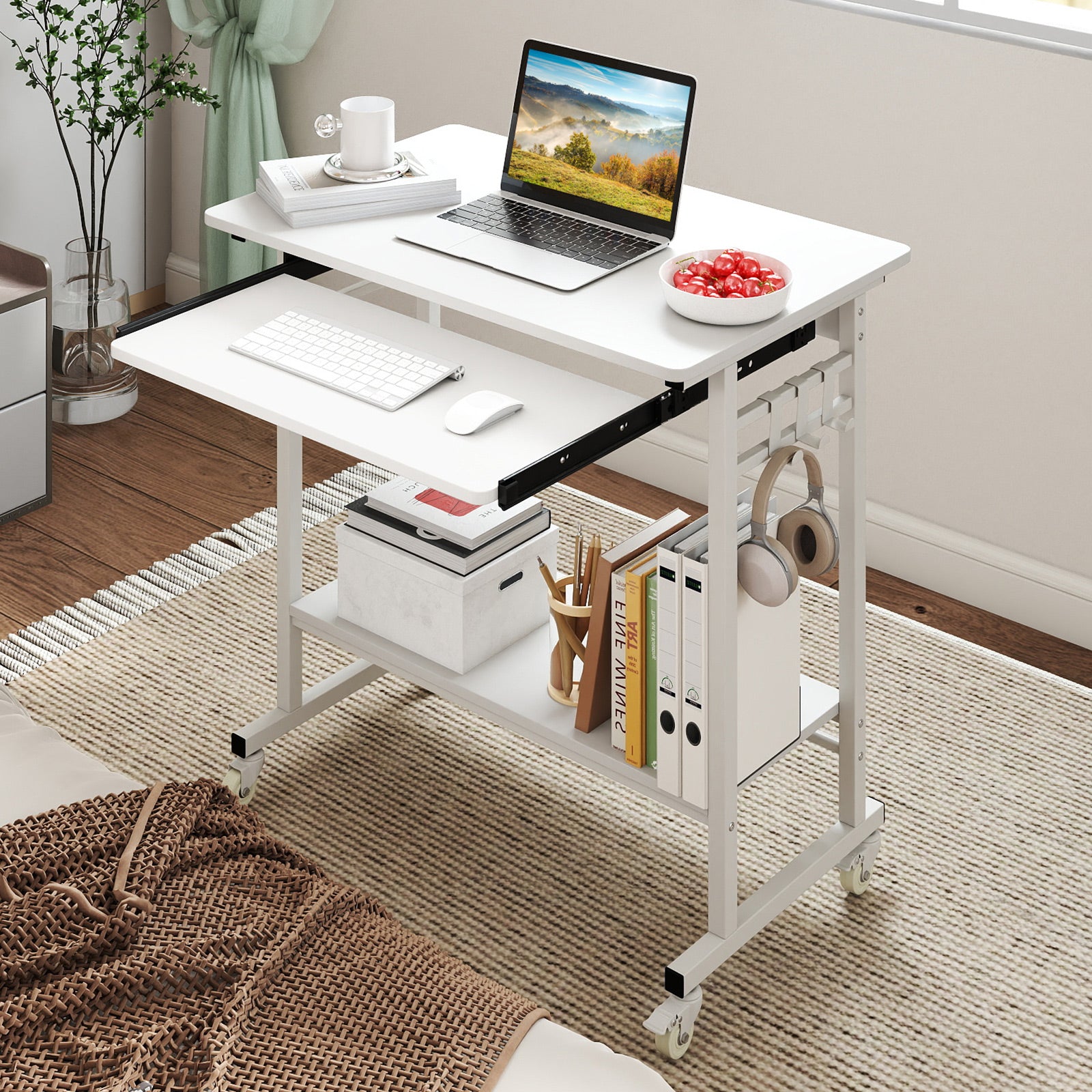 Rolling Laptop Table with Pull-out Keyboard Tray and Hooks, White Laptop Tables & Printer Stands at Gallery Canada