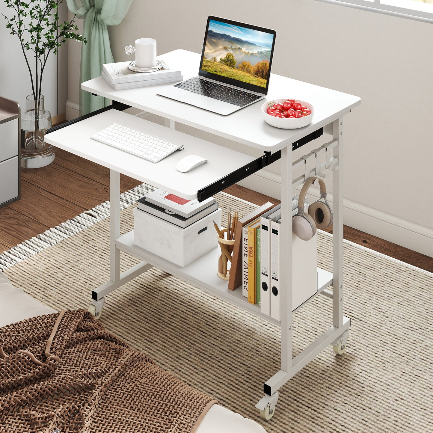 Rolling Laptop Table with Pull-out Keyboard Tray and Hooks, White Laptop Tables & Printer Stands at Gallery Canada