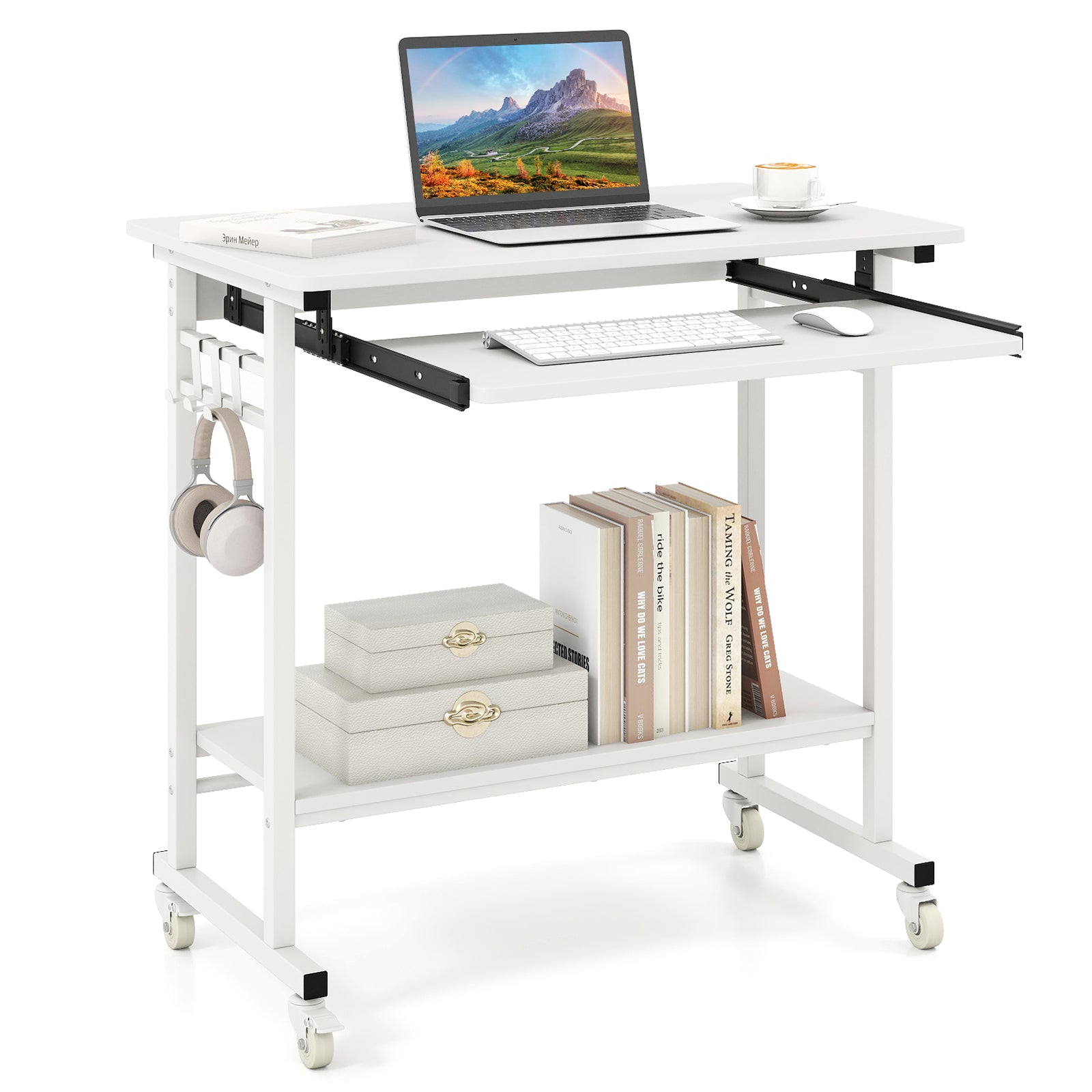 Rolling Laptop Table with Pull-out Keyboard Tray and Hooks, White Laptop Tables & Printer Stands at Gallery Canada