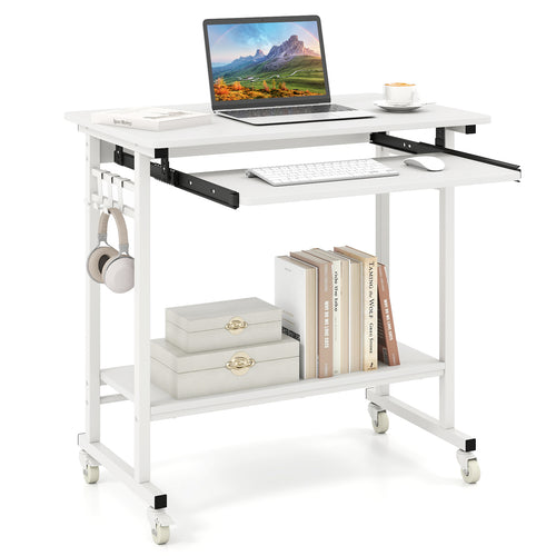 Rolling Laptop Table with Pull-out Keyboard Tray and Hooks, White