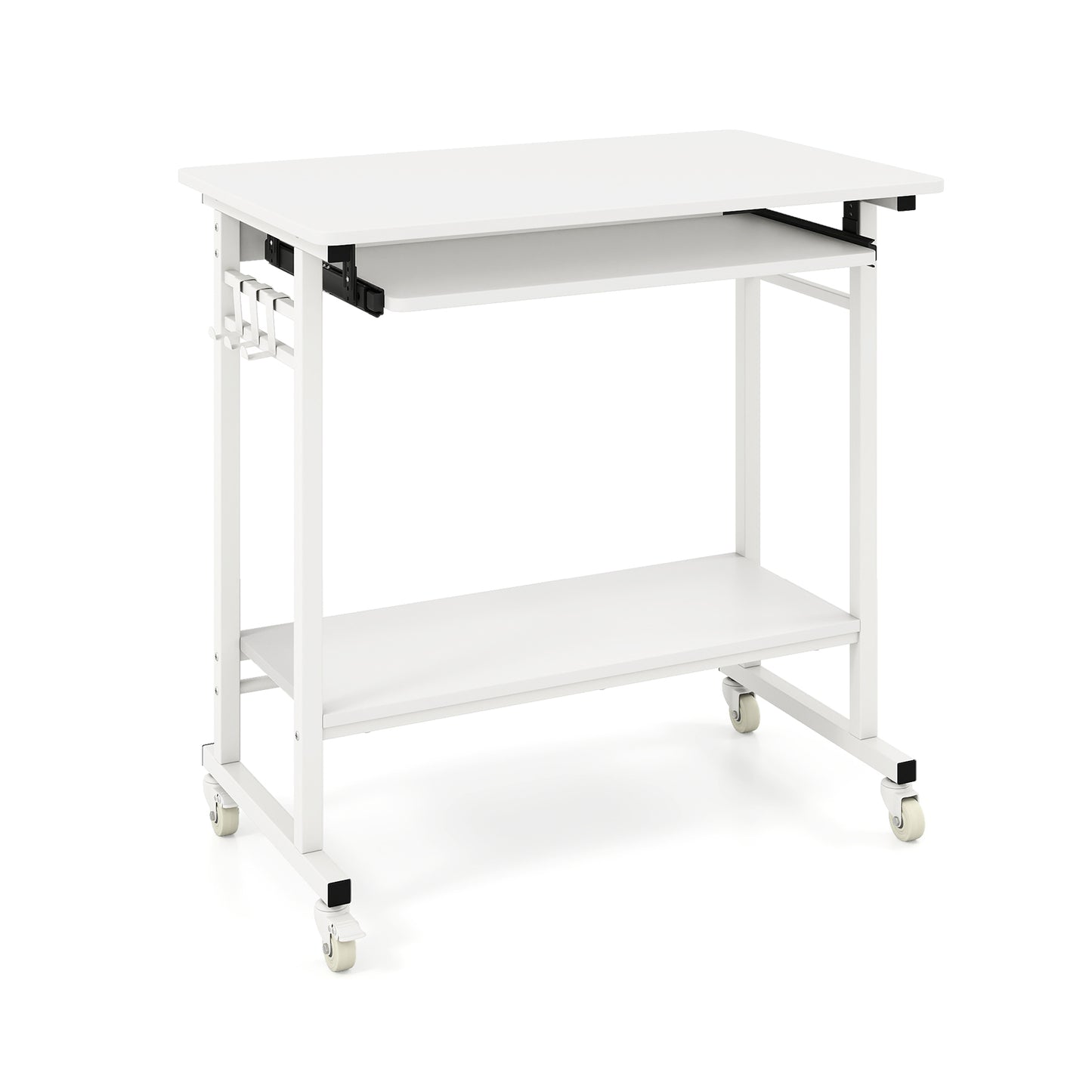 Rolling Laptop Table with Pull-out Keyboard Tray and Hooks, White Laptop Tables & Printer Stands at Gallery Canada