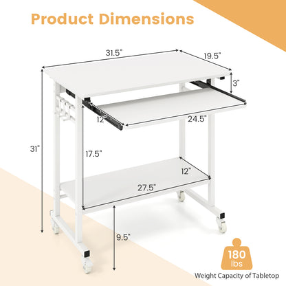 Rolling Laptop Table with Pull-out Keyboard Tray and Hooks, White Laptop Tables & Printer Stands at Gallery Canada