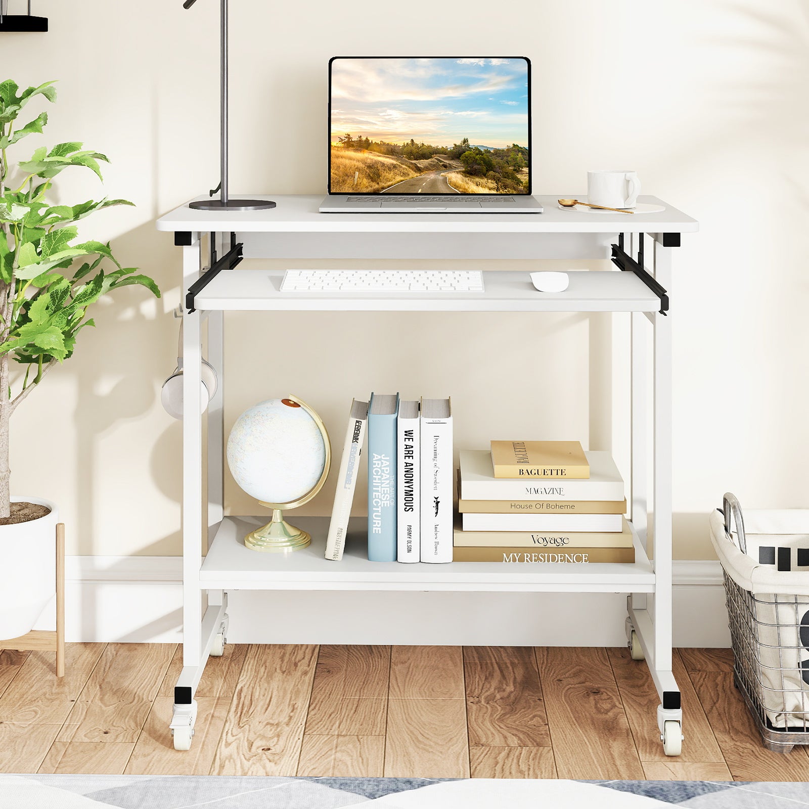 Rolling Laptop Table with Pull-out Keyboard Tray and Hooks, White Laptop Tables & Printer Stands at Gallery Canada