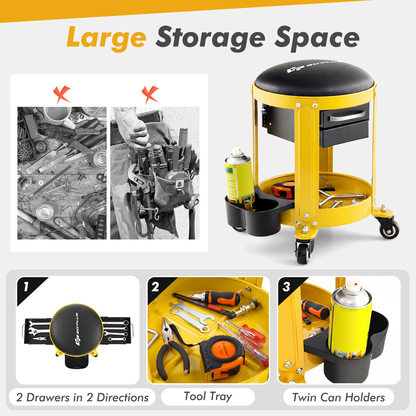 Rolling Mechanic Stool, Removable Padded Seat, Drawers, Yellow Garages at Gallery Canada