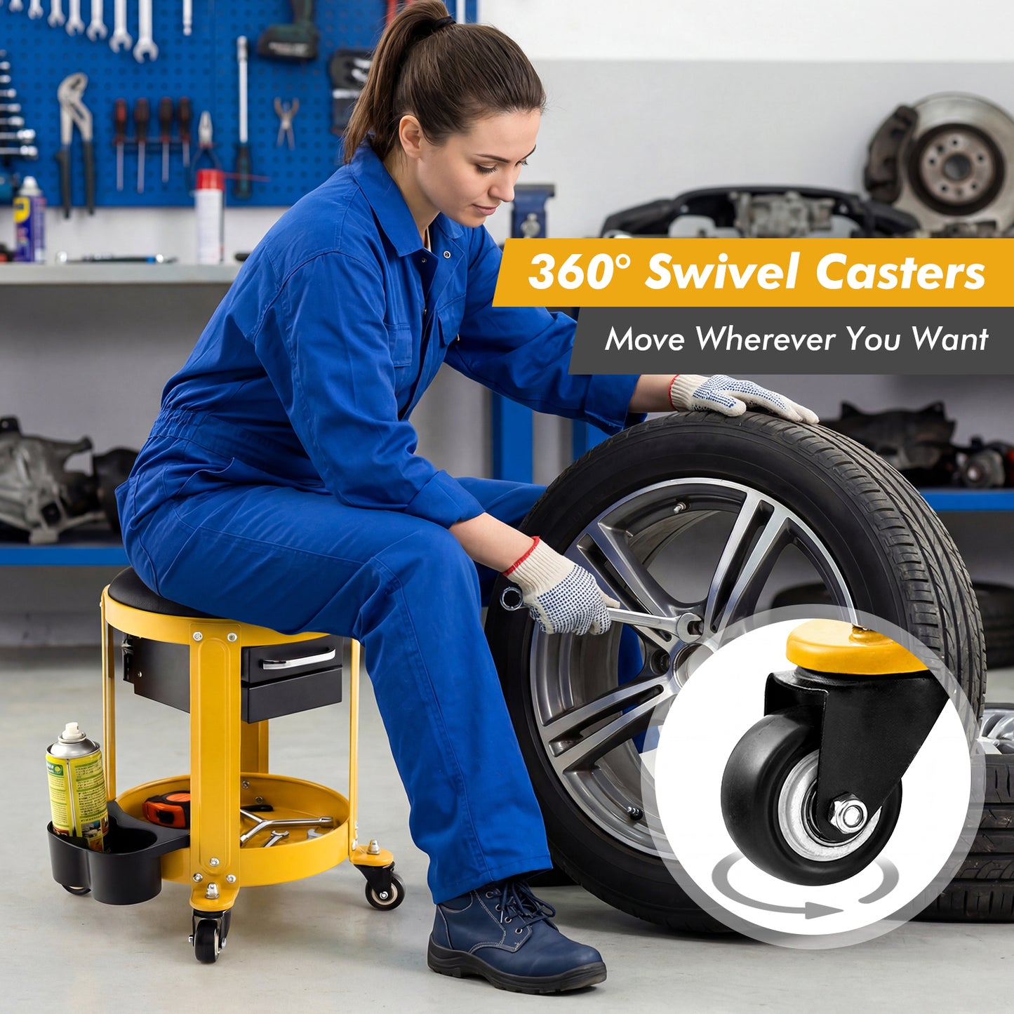 Rolling Mechanic Stool, Removable Padded Seat, Drawers, Yellow Garages at Gallery Canada