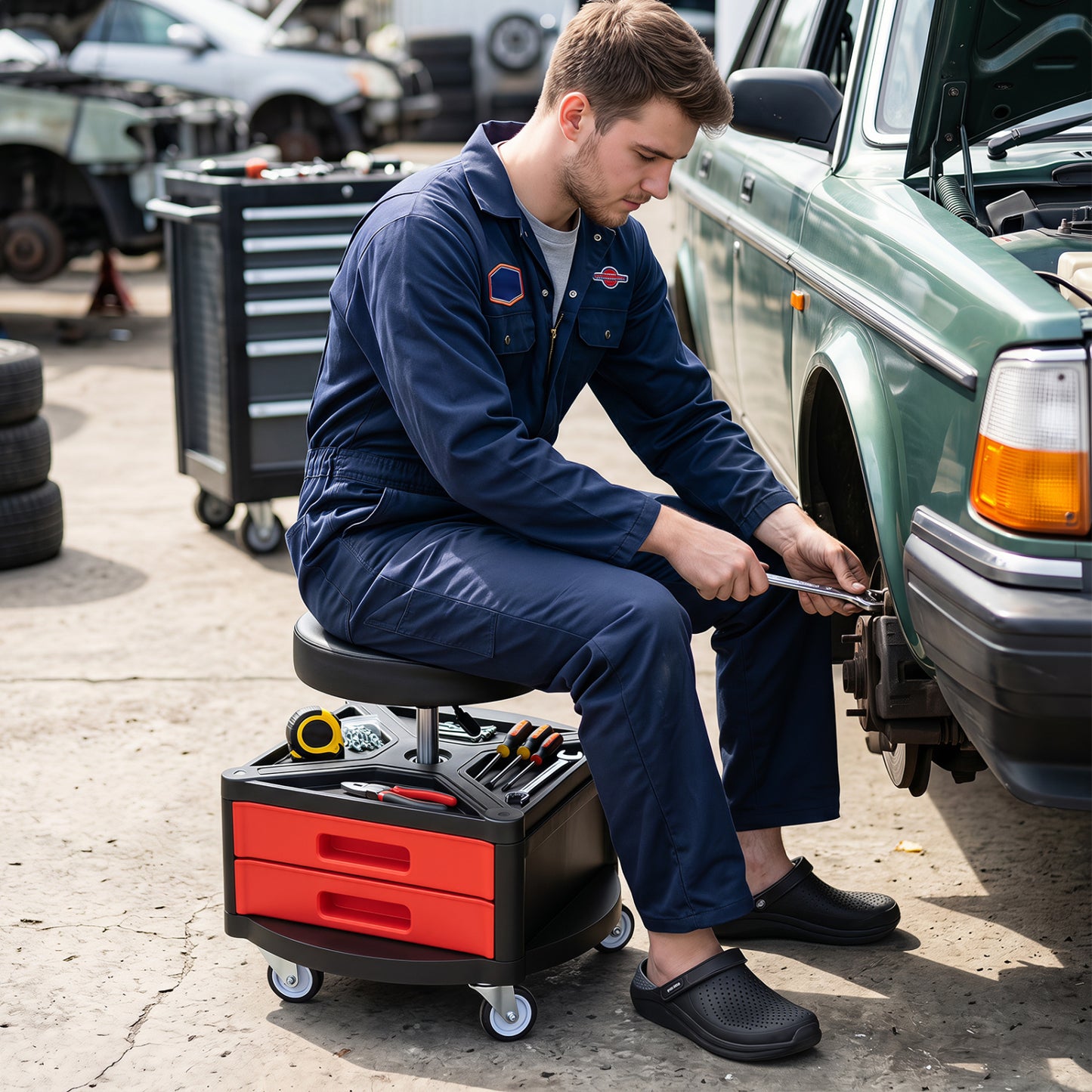Rolling Mechanic Stool with Cushioned Seat & Dual Tool Trays 330 Lbs, Red