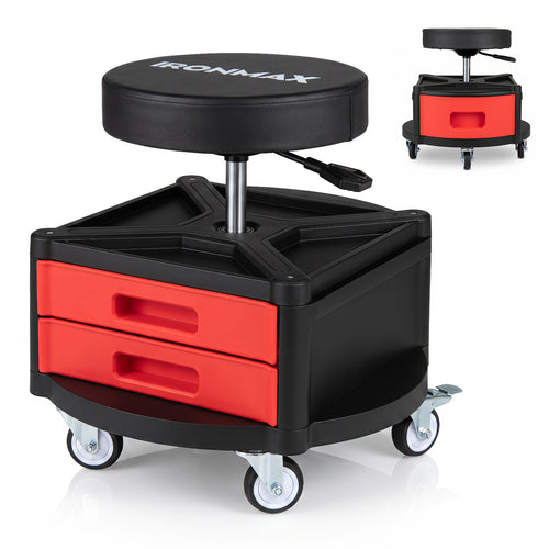 Rolling Mechanic Stool with Cushioned Seat & Dual Tool Trays 330 Lbs, Red
