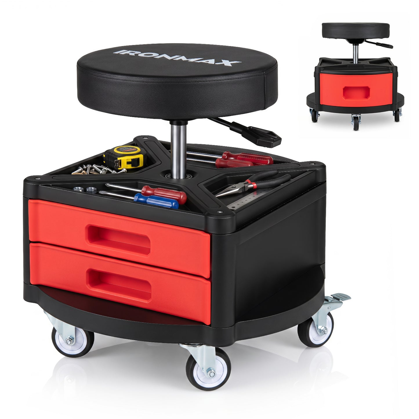Rolling Mechanic Stool with Cushioned Seat & Dual Tool Trays 330 Lbs, Red