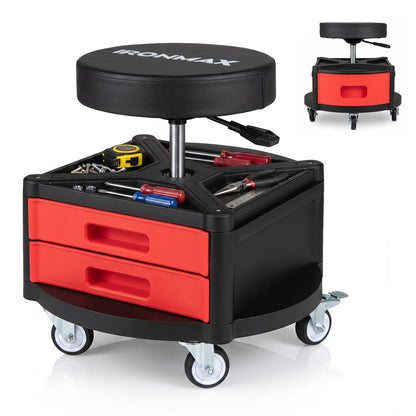 Rolling Mechanic Stool with Cushioned Seat & Dual Tool Trays 330 Lbs, Red