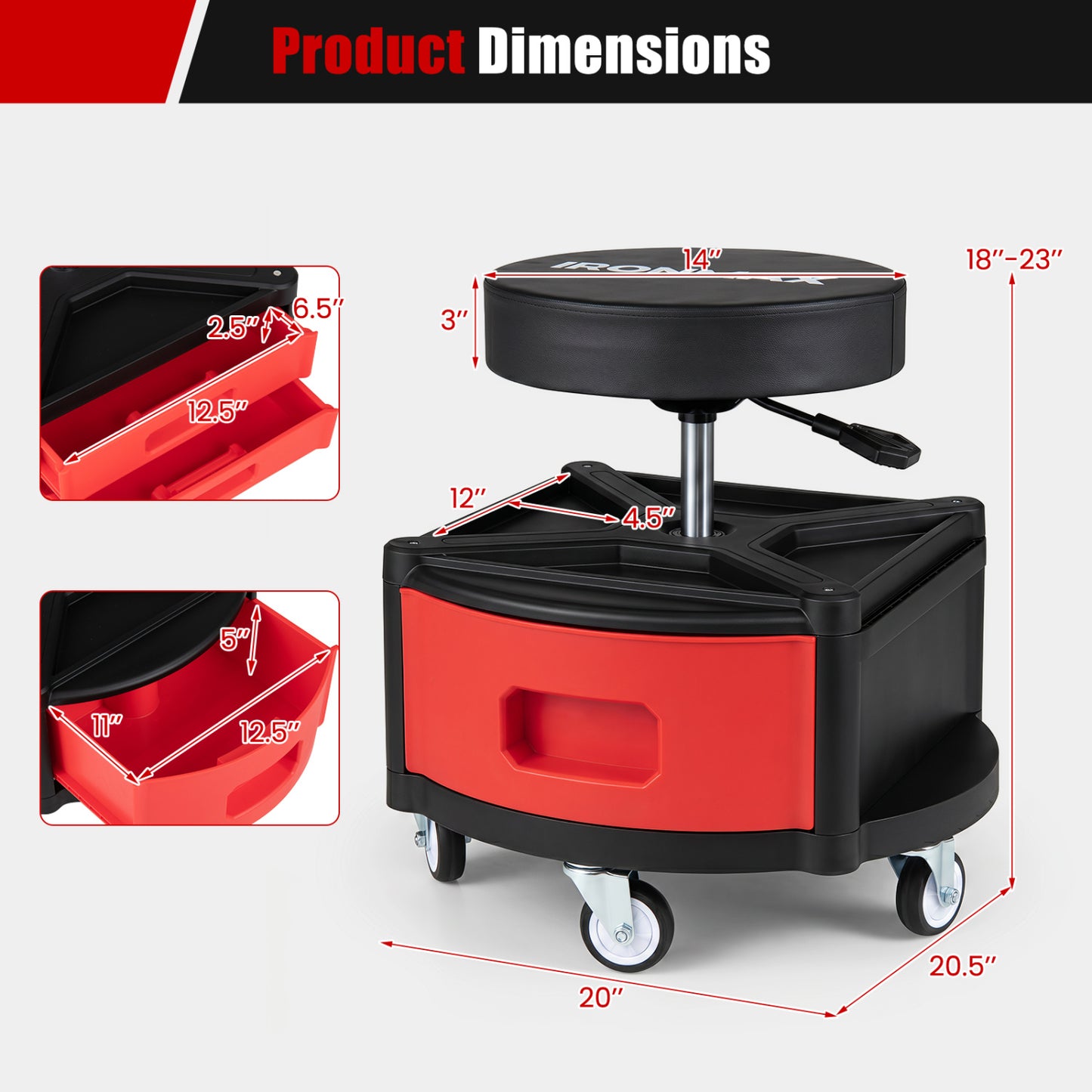 Rolling Mechanic Stool with Cushioned Seat & Dual Tool Trays 330 Lbs, Red