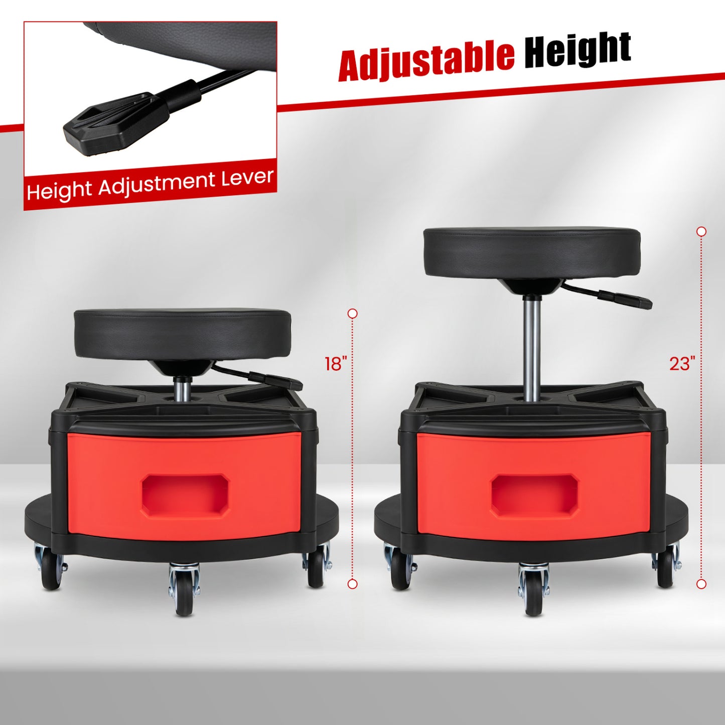Rolling Mechanic Stool with Cushioned Seat & Dual Tool Trays 330 Lbs, Red