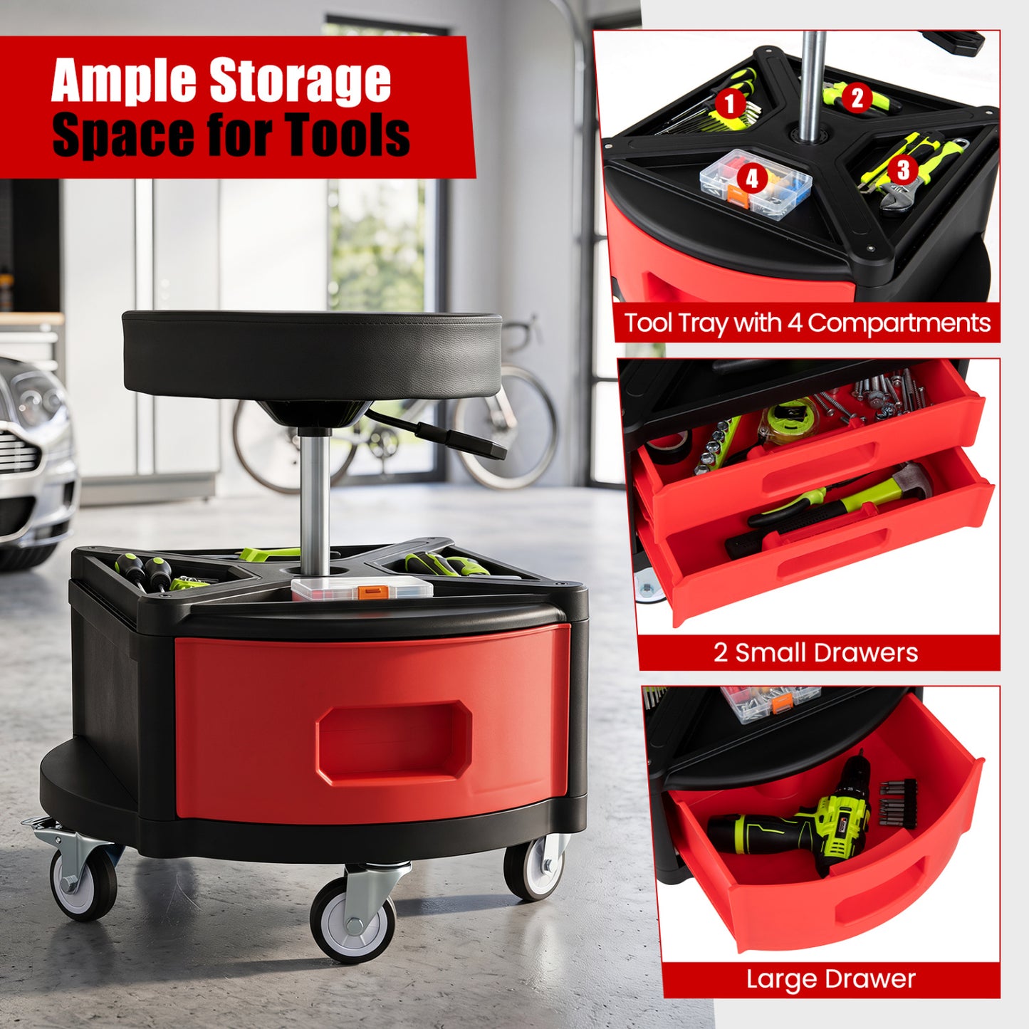 Rolling Mechanic Stool with Cushioned Seat & Dual Tool Trays 330 Lbs, Red