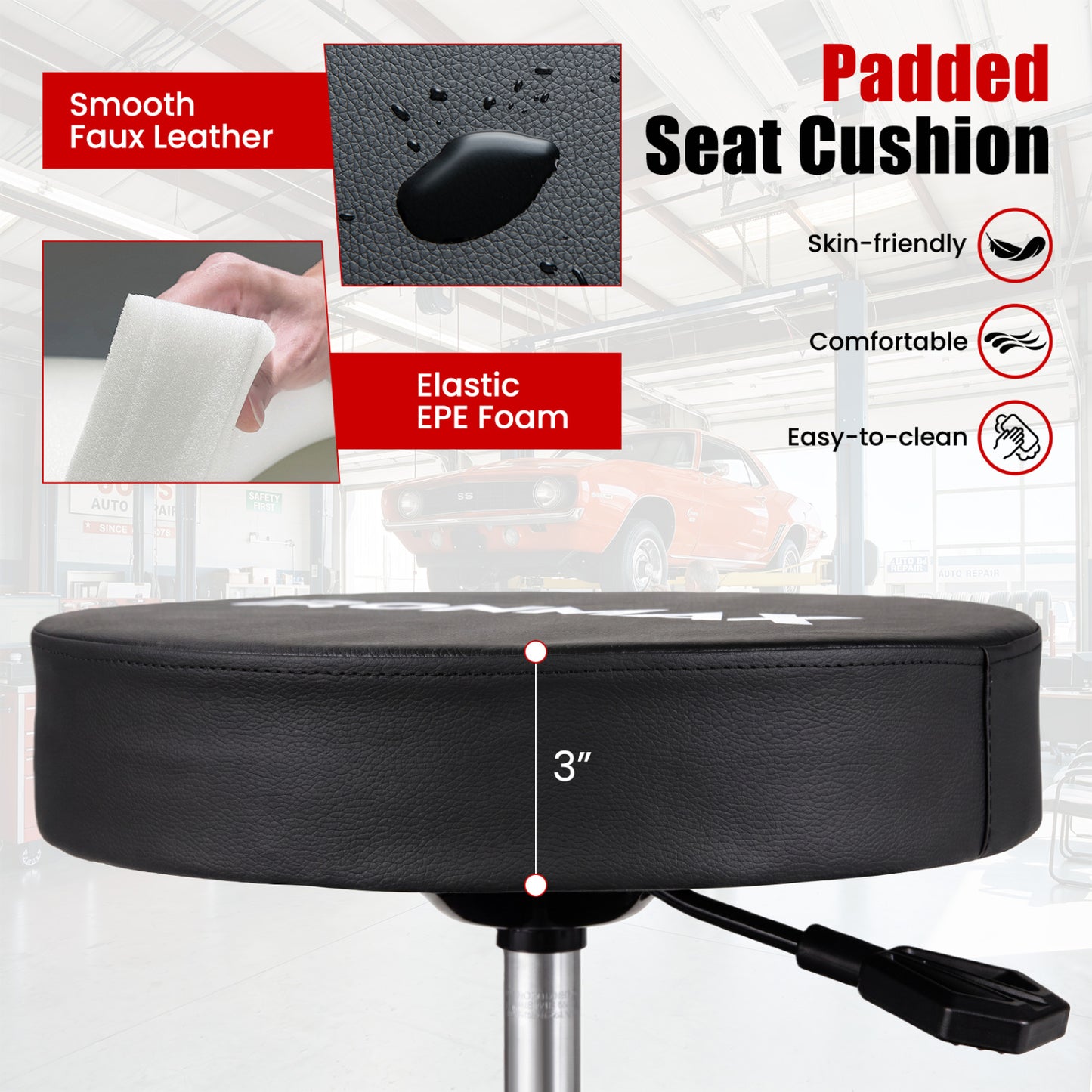 Rolling Mechanic Stool with Cushioned Seat & Dual Tool Trays 330 Lbs, Red