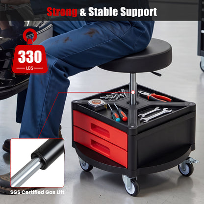 Rolling Mechanic Stool with Cushioned Seat & Dual Tool Trays 330 Lbs, Red