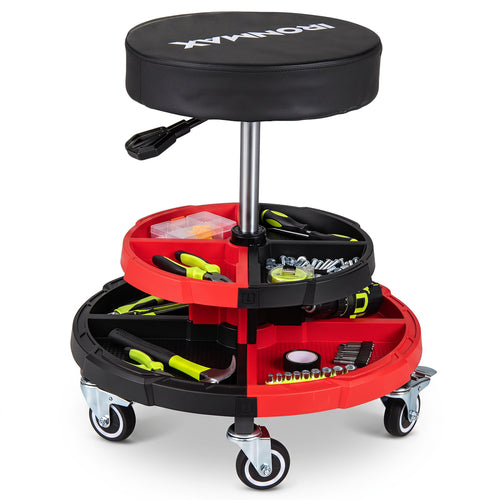 Rolling Mechanic Stool, Cushioned Seat, 5 Wheels, 330 Lbs, Red