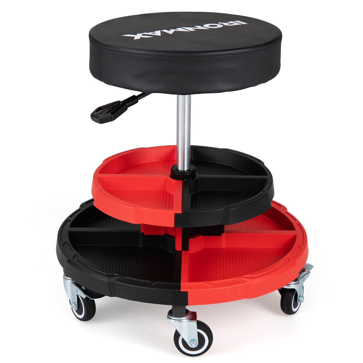 Rolling Mechanic Stool, Cushioned Seat, 5 Wheels, 330 Lbs, Red