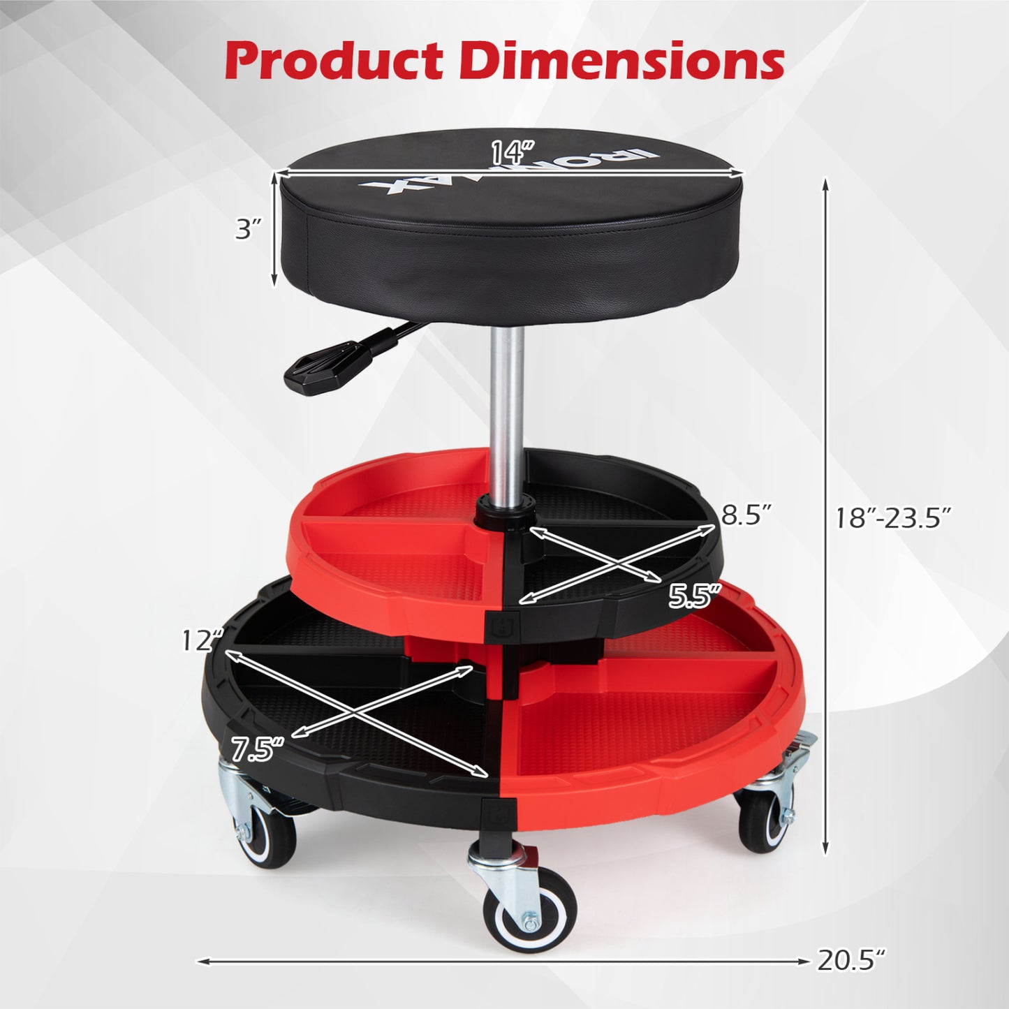 Rolling Mechanic Stool, Cushioned Seat, 5 Wheels, 330 Lbs, Red
