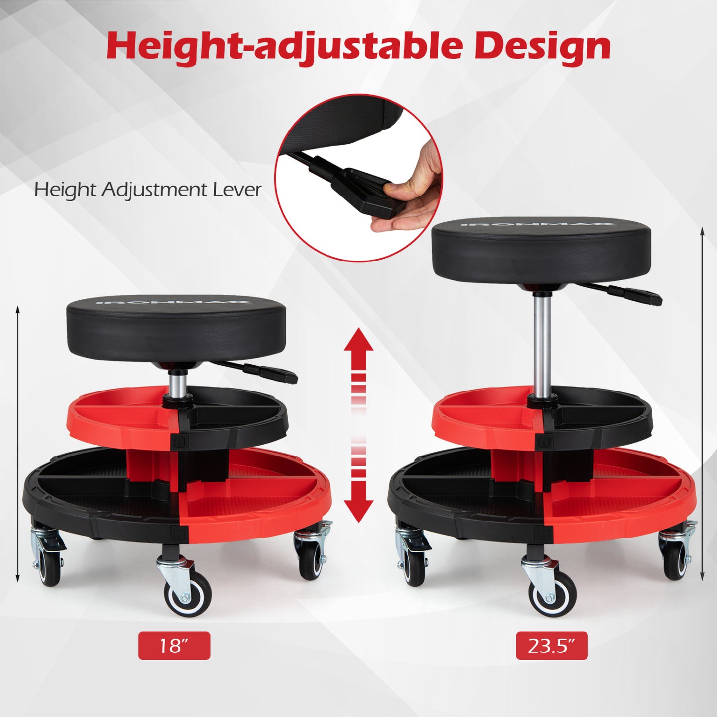 Rolling Mechanic Stool, Cushioned Seat, 5 Wheels, 330 Lbs, Red