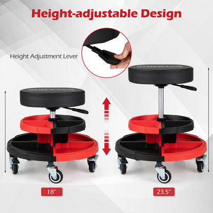Rolling Mechanic Stool, Cushioned Seat, 5 Wheels, 330 Lbs, Red