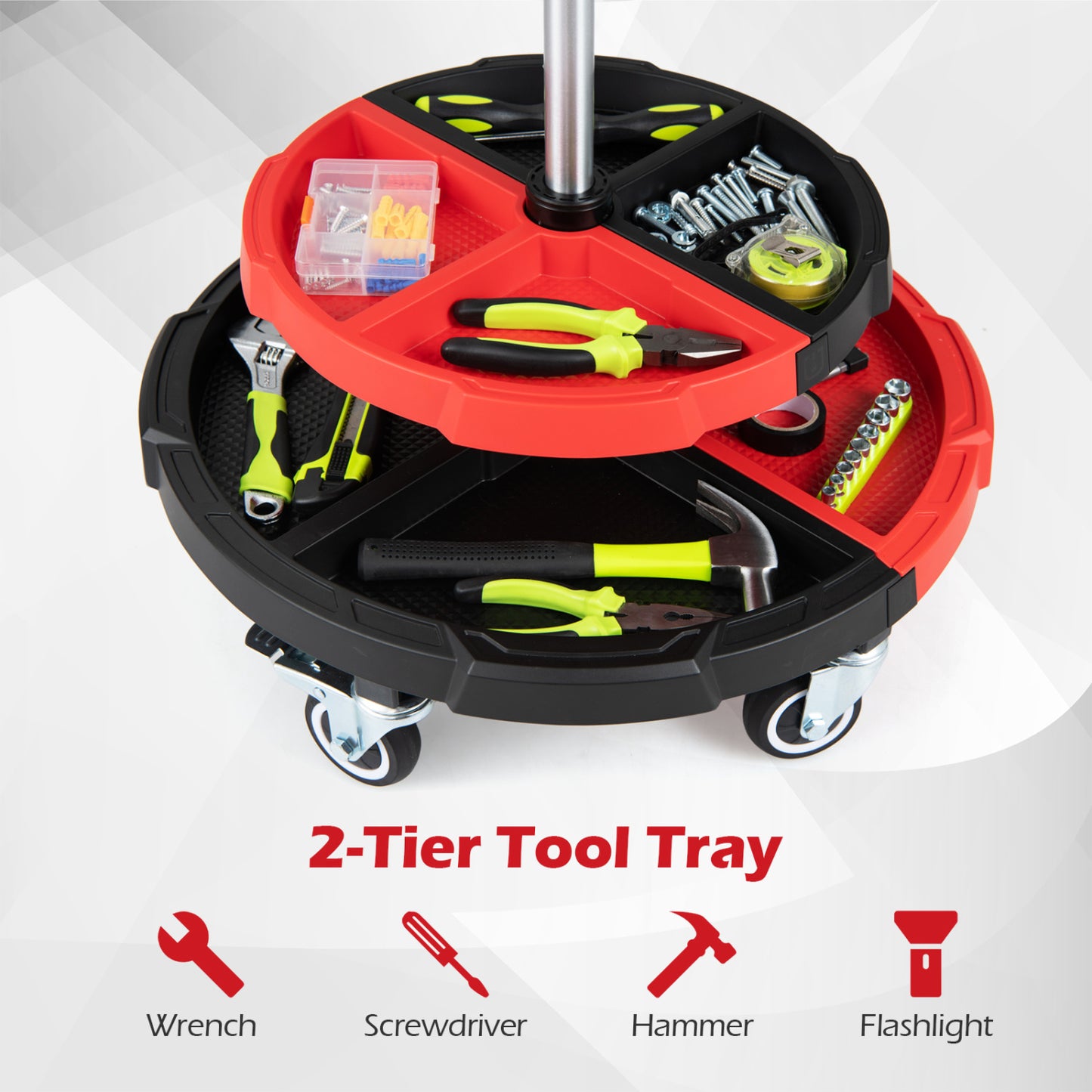 Rolling Mechanic Stool, Cushioned Seat, 5 Wheels, 330 Lbs, Red