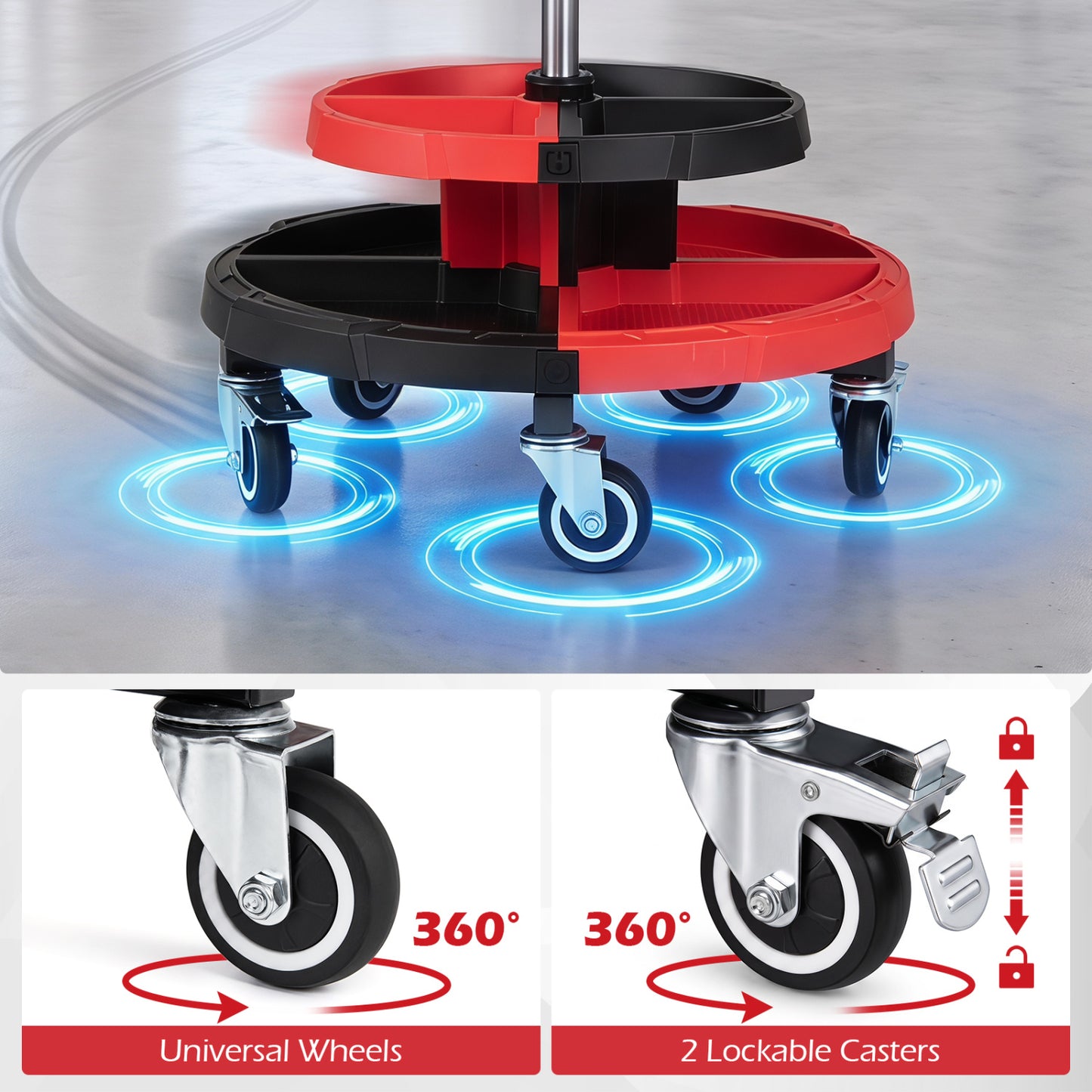 Rolling Mechanic Stool, Cushioned Seat, 5 Wheels, 330 Lbs, Red