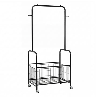 Rolling Metal Clothes Rack With Hanging Rod And Storage Basket, Black Clothing & Closet Storage Black at Gallery Canada