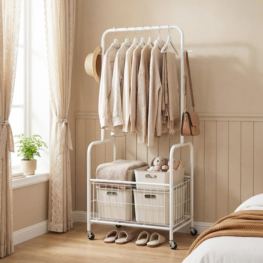 Rolling Metal Clothes Rack, Hanging Rod, Storage Basket, White Clothing & Closet Storage White at Gallery Canada