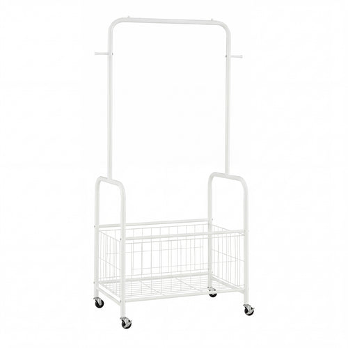 Rolling Metal Clothes Rack, Hanging Rod, Storage Basket, White