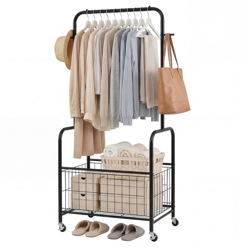 Rolling Metal Clothes Rack With Hanging Rod And Storage Basket, Black