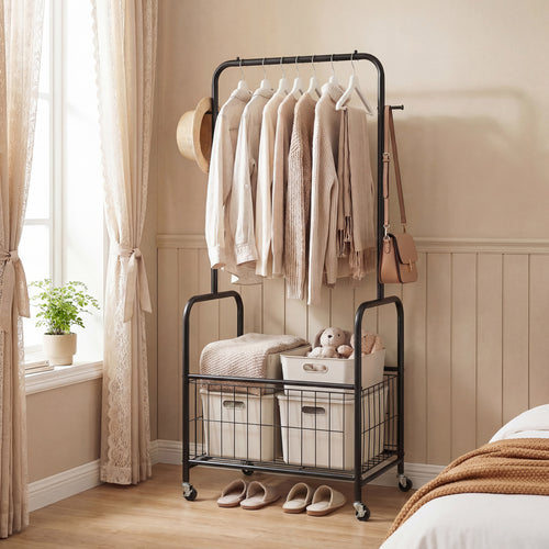 Rolling Metal Clothes Rack With Hanging Rod And Storage Basket, Black