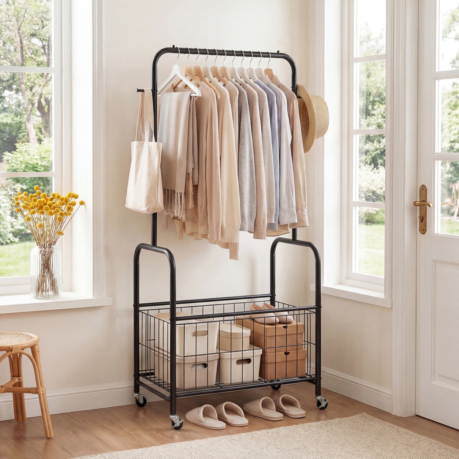 Rolling Metal Clothes Rack With Hanging Rod And Storage Basket, Black Clothing & Closet Storage at Gallery Canada