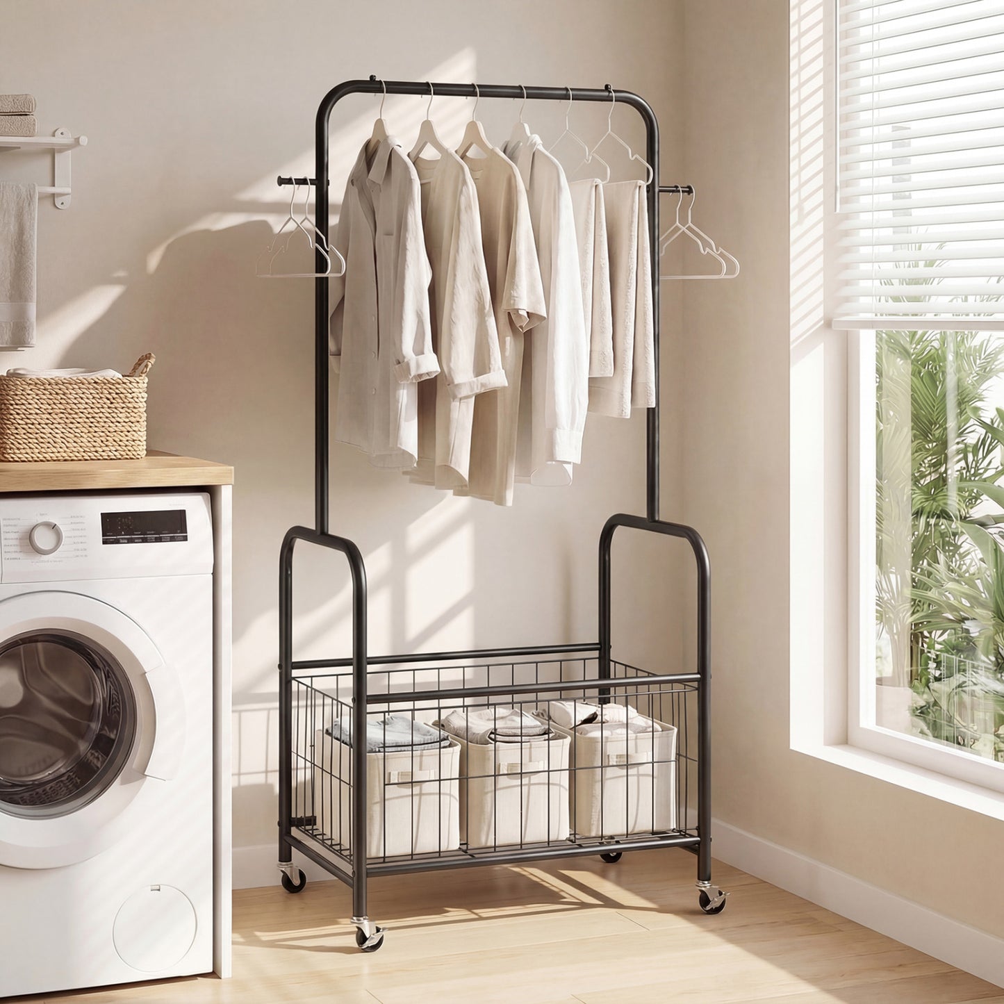 Rolling Metal Clothes Rack With Hanging Rod And Storage Basket, Black Clothing & Closet Storage at Gallery Canada
