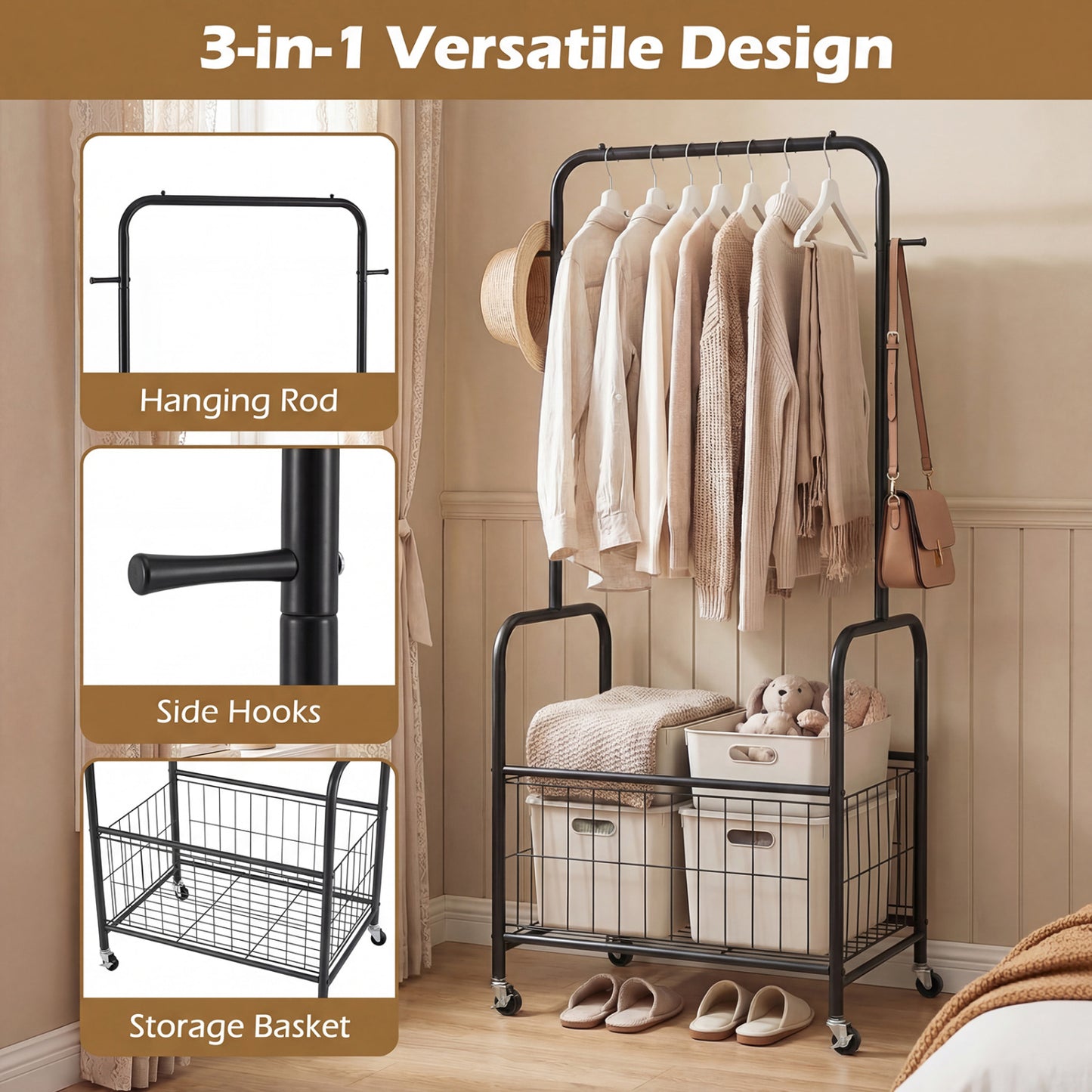 Rolling Metal Clothes Rack With Hanging Rod And Storage Basket, Black Clothing & Closet Storage at Gallery Canada