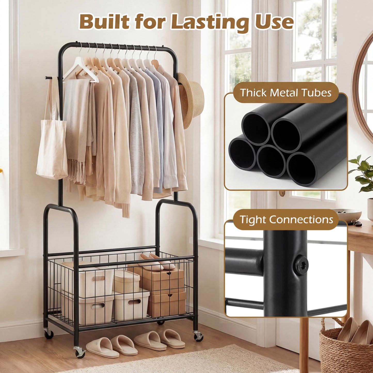 Rolling Metal Clothes Rack With Hanging Rod And Storage Basket, Black Clothing & Closet Storage at Gallery Canada