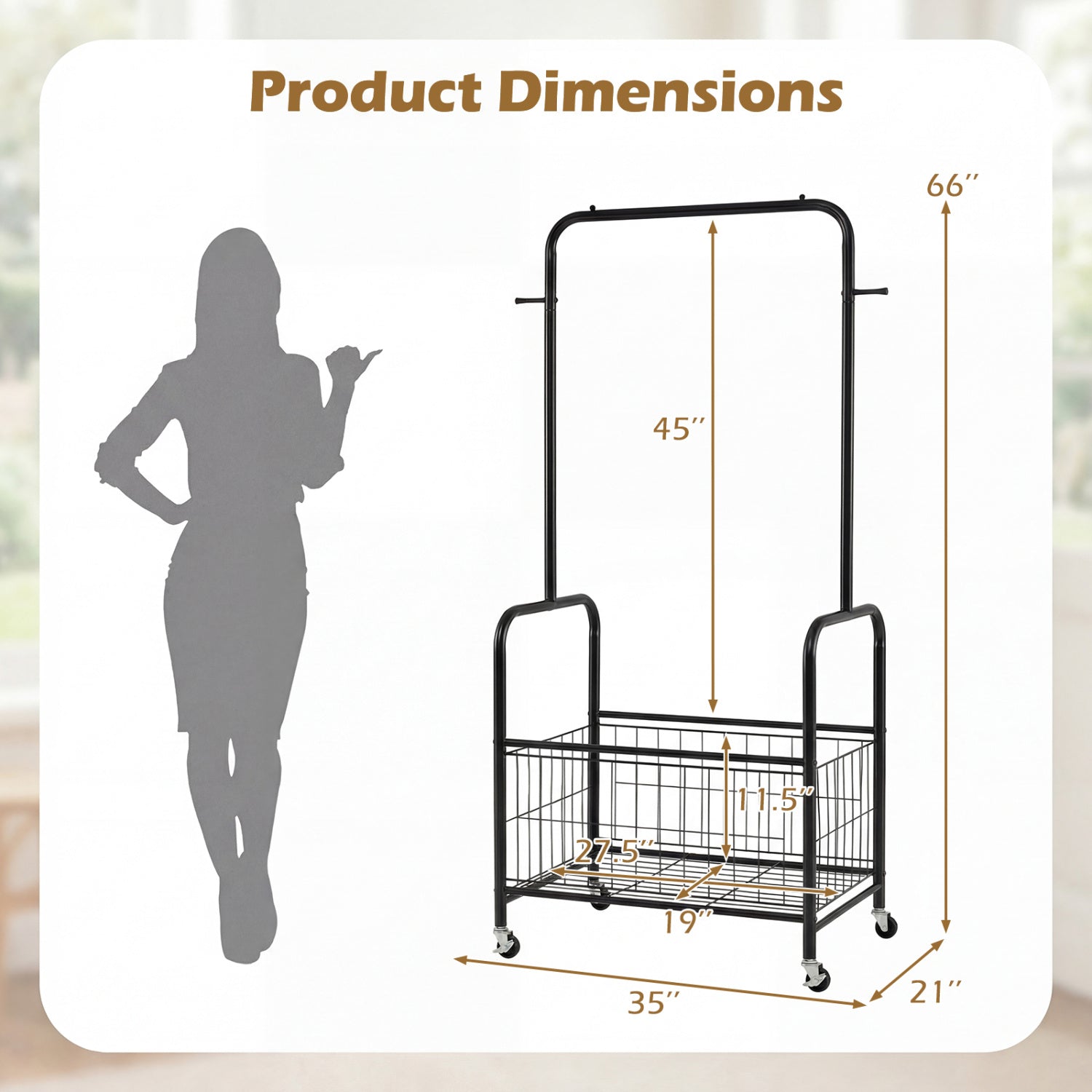 Rolling Metal Clothes Rack With Hanging Rod And Storage Basket, Black Clothing & Closet Storage at Gallery Canada