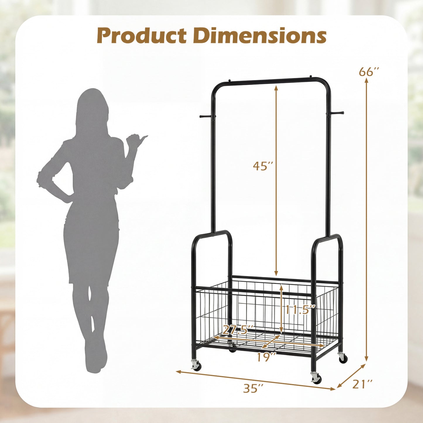 Rolling Metal Clothes Rack With Hanging Rod And Storage Basket, Black Clothing & Closet Storage at Gallery Canada