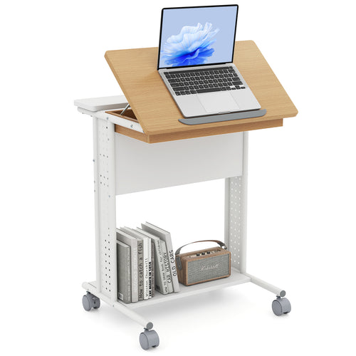 Rolling Portable Desk Laptop Desk with Tilting Tabletop Hidden Compartment, Natural