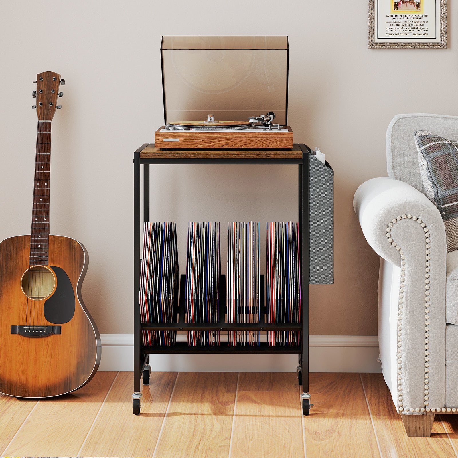 Rolling Record Player Stand 2-Tier with Vinyl Storage and Magazine Holder Bag, Rustic Brown End & Side Tables at Gallery Canada